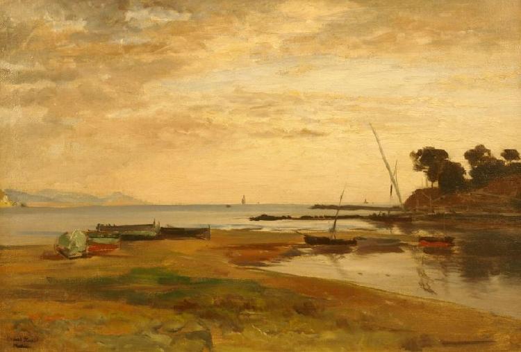 Albert Hertel Coastline at low tide in the evening light. Resting in the foreground dry sailing boats China oil painting art